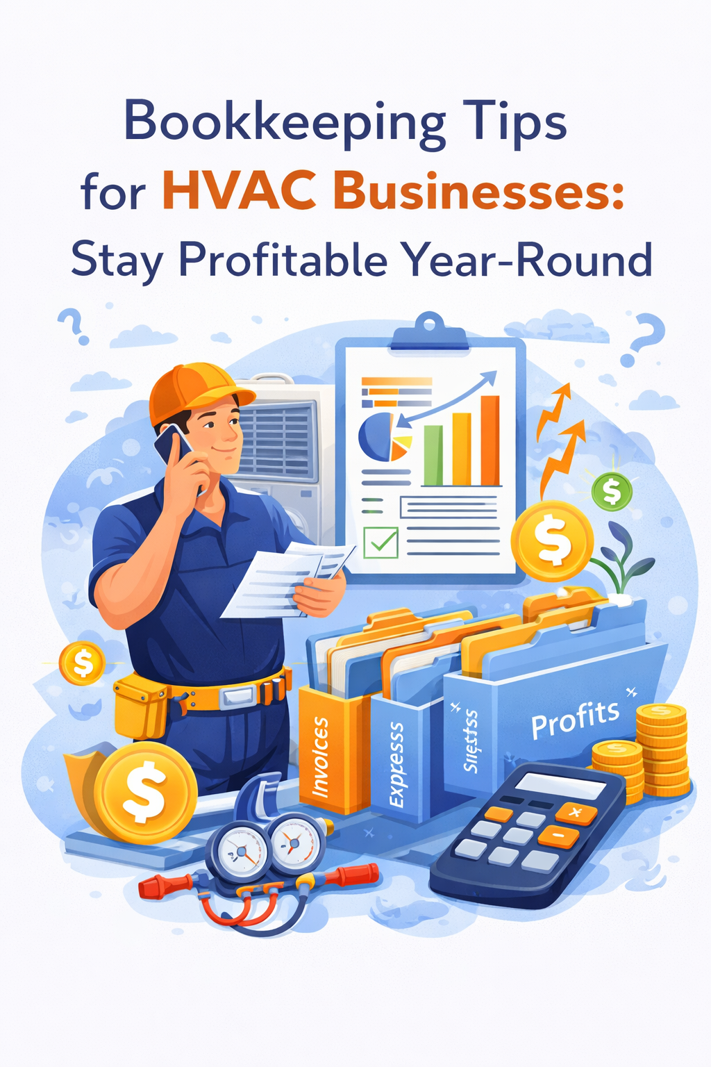 Bookkeeping tips for HVAC businesses in Dallas Fort Worth Texas showing expense tracking, invoicing, and profit management to stay profitable year round
